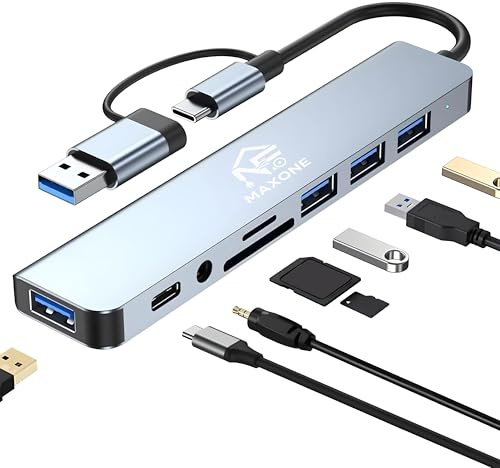 8-in-1 USB-C-Hub mit 3 USB 3.0 + 1 Typ C, USB-C-Adapter, PD 100 W, Audio 3,5 mm, SD/TF, USB C Multiport-Hub für Laptops, kompatibel mit Tablet, MacBook Air/Pro, iPad, iPhone Android N3