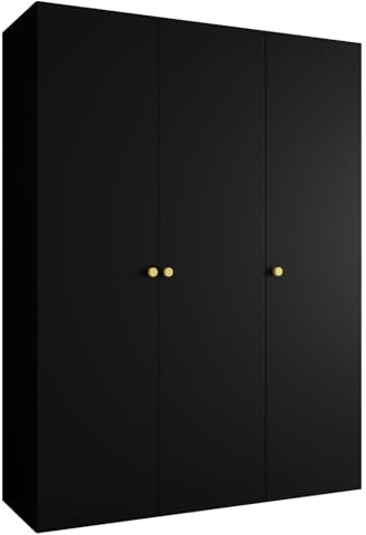 MEBLE KRYSPOL - Kleiderschrank - Garderobenschrank - 150 cm x 202 x 52 cm - Schrank mit Kleiderstange, 3 Türen - für Schlafzimmer, Flur - Parma, Schwarz, Griff Gold