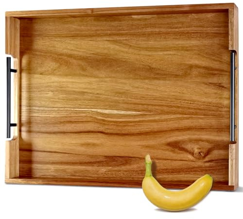 OurMiao 22 x 15.75 Wooden Serving Tray with Handles, Acacia Ottoman Tray | Large Rectangular Wood Tray, Black Metal Handles, for Living Room, Kitchen, Coffee Table, Coffee Station, Breakfast, Party