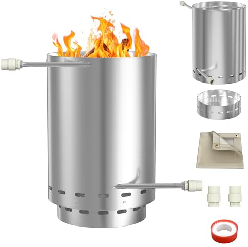 XMTECH Brennholz Poolheizung, Poolheizung mit Feuer, Poolheizung Feuertonne mit Heizspirale, Edelstahl Pool beheizt Feuer Eimer 32mm/38mm Anschlüsse, mit Feuerfestmatten und Tablett