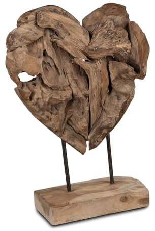 formano Deko Objekt Herz Holz Skulptur aus massivem Teakholz 40 cm auf Standfuß, modernes Wohnaccessoire mit Herzform für Sideboard, Regal & Büro