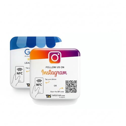 Placa reseñas Google NFC y Código QR - Placa Google Fácil Configuración en linea - Compatible con iPhone & Android | Tap2star.com (Google + Instagram Inglés)
