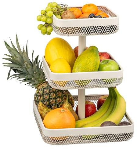 eluno 3-stöckige eckige Obstetagere/Brotkorb, Körbe mit 20 x 20 cm, 25 x 25 cm und 30 x 30 cm, Obstkorb, viel Platz für Obst, Gemüse, Brot und Snacks in Küche und Wohnzimmer, aus Metall (Beige)