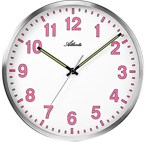 Atlanta Wanduhr ohne Tickgeräusche Lautlos mit Leuchtziffern Quarz Rosa Silber 4453-17