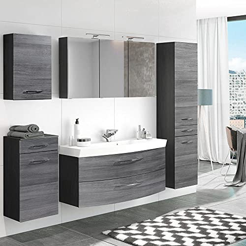 Lomadox Badezimmermöbel Komplettset in Eiche Rauschsilber & Graphit 120cm Waschtisch-Unterschrank & Auszügen Waschbecken LED-Spiegelschrank Hochschrank Unterschrank Hängeschrank