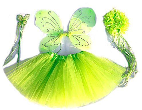 Tante Tina - 4-pièces Déguisement de fée Papillon - Ailes, Baguette, Diadème et Jupe - Vert avec Diadème