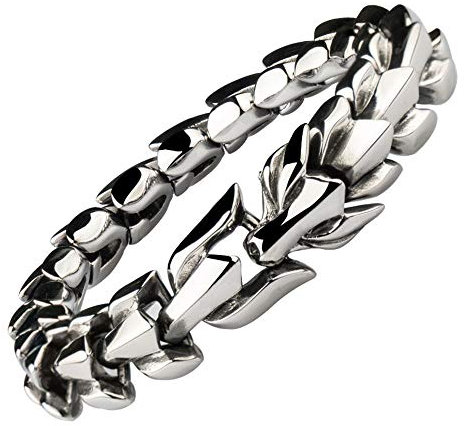 ForFox Herren Titan Stahl Chinesischer Drachen Armband Gliederarmband Edelstahl Drachenarmband 15mm 19cm,Silber