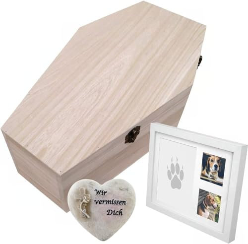 PrimoLiving petbye Holz Haustiersarg mit Gedenkset - Größe XL für mittelgroße Haustiere - Tiersarg mit Metallverschluss - inkl. Grabschmuck, Bilderrahmen und Gipsabdruck
