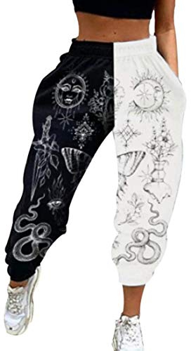 Shujin Damen Jogginghose Cargo Sporthose Farbblock Elastischer Bund Sweatpants Loose Fit Baggy Trainingshose Freizeithose Yogahosen mit Taschen(Sterne und Mond,L)