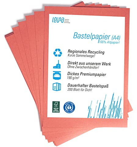 200 Blatt recyceltes Buntpapier Basteln Rot Bunte Pappe Blätter für Kinder A4 190g/m² LEIPA Manila-Karton Dekorieren, Tonpapier Bastel-Papier Bastelset Malblock, Vintage/Retro (Rot)