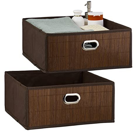 Relaxdays 5 x Aufbewahrungskorb Bambus, Badkörbchen quadratisch, Stoff Regalkorb flach, HBT 14 x 31 x 31 cm, faltbar, braun
