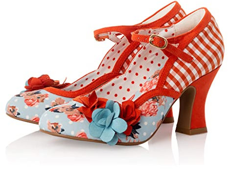 Ruby Shoo Women's Imelda Orange Check Denim Mid Heel Mary Jane Pumps UK 5