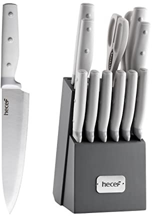 hecef Couteau Cuisine, Porte Couteaux de Cuisine 14 Pièces, Ensemble Couteaux de Cuisine en Acier Inoxydable avec Bloc en Bois, Couteaux de chef Professionnels - Plus de Choix de Couleur (Gris)