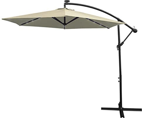 LED Cantilever Parasol 3m Cream Banana Hanging Umbrella 24 Solar Powered Cool White Lights 360 Rotation Tilt Garden Sun Shade Canopy Patio UV Protection Winding Crank FREE Waterproof Rain Cover