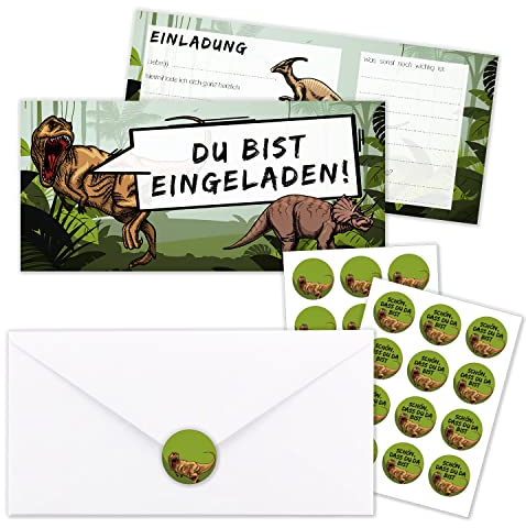younikat 10 Einladungen Dino Kindergeburtstag mit Umschlägen und Aufklebern I Dinosaurier Jungs Geburtstag I dv1116