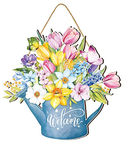 Willkommens-Türschild, rustikales Holz, Frühlingstür, Wandkränze, Dekorschild, bunte Blumen, Frühling, hängende Dekorationen, drinnen und draußen, 30.5x30.5 cm (Willkommen)