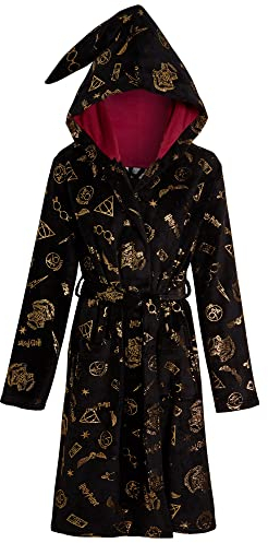 Harry Potter Damen-Bademantel für Teenager, Heiligtümer des Todes, mit Kapuze, Geschenk, Schwarz , 42