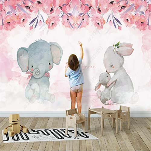 TANYANG Benutzerdefinierte Wandtapete Rosa Elefant Kaninchen Kinderzimmer Hintergrund Tapete 3D Mädchenzimmer Dekorativ 430Cm(W)×300Cm(H)