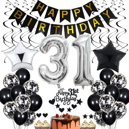 31. Geburtstag Dekoration - Schwarz Tortendeko für Männer und Frauen, Black and White Party Deko, Geburtstagsdeko 31 Jahre