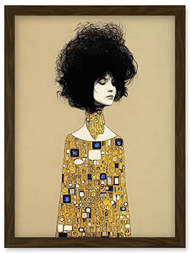 Wee Blue Coo Klimt Style Retro Boho Afro Hair Abstract Gold Dress Artwork Framed Wall Art Print A4