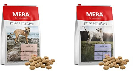 MERA pure sensitive Lachs & Reis, Trockenfutter aus Lachs und Reis (4 kg) & pure sensitive Lamm & Reis, Hundefutter trocken für sensible Hunde, Futter für ausgewachsenen Hund (4 kg)