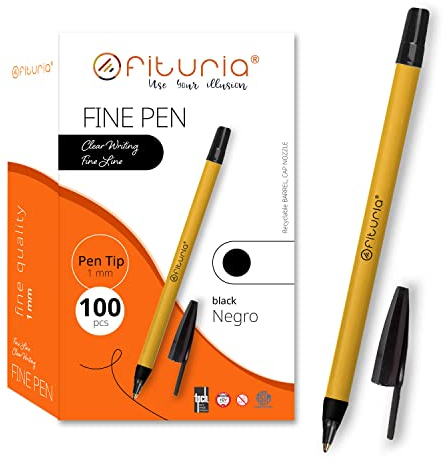 OFITURIA Kugelschreiber mit feiner Spitze, Schwarz, Box mit 100 Stück, Spitze 1 mm, Präzision und Detail, ideal für verschiedene Umgebungen wie Büro, Zuhause und Schule (Box mit 100 Stück, schwarz)