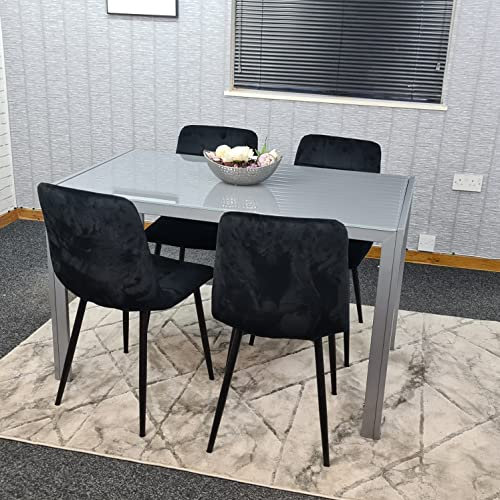 KOSY KOALA Grey Dining Table and 4 Black Velvet Chairs Kitchen Dining Set of 4 Glass Table