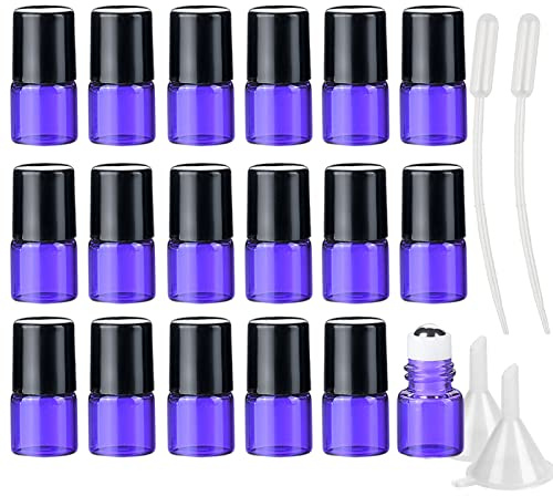 ZEOABSY 25 Pack Empty 1ml Mini Purple Glass Roll on Bottles Refillable Stainless Steel Roller Ball Essential Oil Liquid Bottle Cosmetic Sample Vials Container with Black Cap
