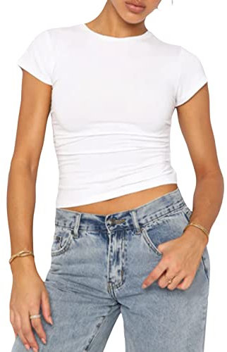 OYIGELZ Women's Basic T-Shirt Short Sleeve Crop Top Y2K Slim Fit Tops Casual Tee Shirts Streetwear(White #1,S)