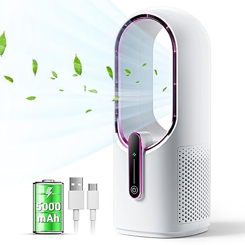 KONSIDEN Ventilateur de bureau sans pales - 30 cm - Portable à piles - Ventilateur USB rechargeable - 3 vitesses - Contrôle tactile - Facile à nettoyer - Petit ventilateur de bureau silencieux - Idéal