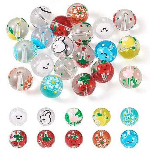 Boutigem Lot de 20 perles en verre transparent motif tulipe, fleur, nuage, fruits, cerise, citron, fraise, lapin, pour la fabrication de bijoux