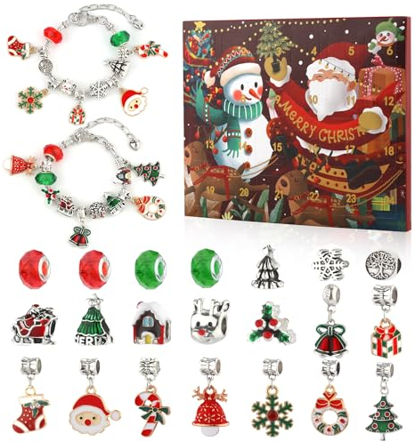 XIHIRCD 24 Weihnachts Countdown Armbänder Maker Kit für Weihnachts Countdown Adventskalender 24 Tage DIY Weihnachtsarmband Geschenk 22 Charm-Perlen und 2 Armbänder für Mädchen