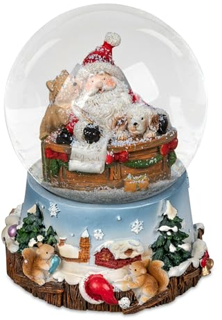 Schneekugel mit Spieluhr | Weihnachtsmann mit Hunden | Schüttelkugel | Ø 10 cm