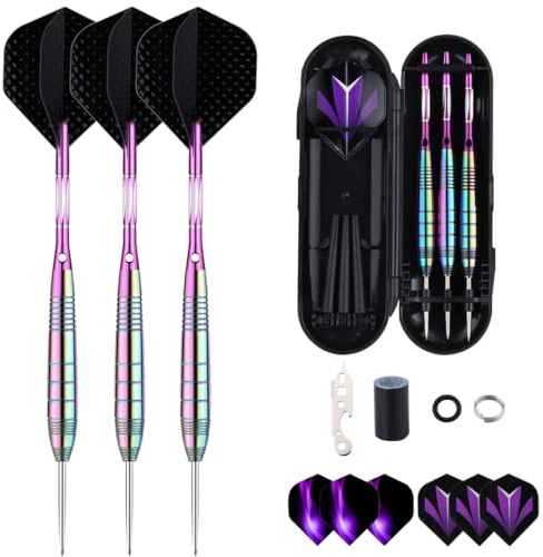 sanfeng Pro Dartpfeile mit Metallspitze 24 Gramm Etui, 3 Stück Steeldarts Regenbogen Brass Barrel mit Lila Aluminum Schafts 9 Flights,50 Anti-Lose Gummiringe 12 Spring Rings 1 Dart Tool Sharpener