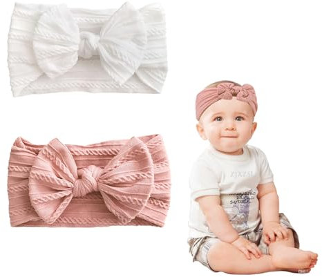 Lot De 2 Bandeaux Turbans En Nylon Pour Bébé Fille Avec Nœud Doux - Accessoire Élastique Pour Cheveux Bébé, Bandeau En Nylon Souple Pour Bébé (Poudre Pour La Peau Et Blanc), 13.5 * 8cm