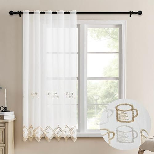 DALINA Textil - Cortina Cocina 150 x 140 cm, Visillo Cocina con Bordados Transparente un Panel 150 x 140 cm (Ancho por Largo) Taza de café