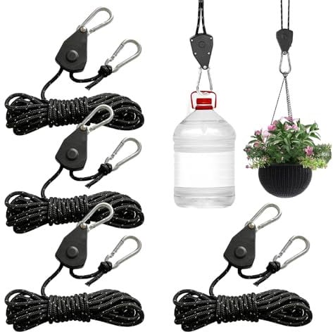 4 Pezzi 1/8 Gancio a Cricchetto Regolabile Corde per Tende con Puleggia Rope Ratchet Cinghie a Cricchetto Carrucola Cinghia a Cricchetto Corda Cricchetto Armatura Autobloccante Lunghezza 5 Metri
