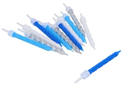 Henbrandt Pack of 24 Blue, White and Silver Party Candles with Candle Holders, Spiral Celebration Candles for Birthday Cakes Wedding Party Baby Showers and Anniversary Decorations