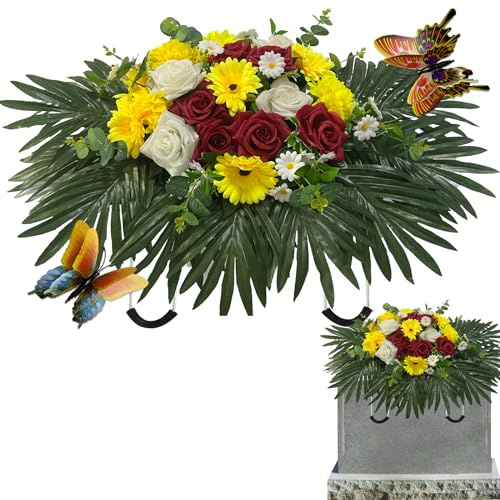 Künstliche Grabsteinblumen - Friedhofsblumen für Grab, künstliche Rose und Sonnenblumen, Friedhofsdekorationen für Grab, Friedhofsblumensattel für Weihnachten, Mutter- und Vater-Gedenkstätten