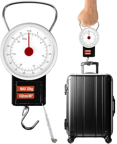 Analog Manuelle Gepäckwaage Kofferwaage Federwaage, Hängende Kofferwaage ohne Batterie - 1m Maßband - Hängewaage bis 32kg Flugzeug-Gadgets