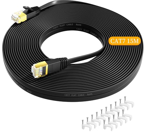 Nowunke Cable Ethernet 15m, Cat 7 Cable RJ45 15 mètres Haut Débit Fibre Plat Câble Réseau 10Gbps 600Mhz, Gigabit Haute Vitesse Blindé Cable Internet Câble LAN pour Routeur, Switch, Modem