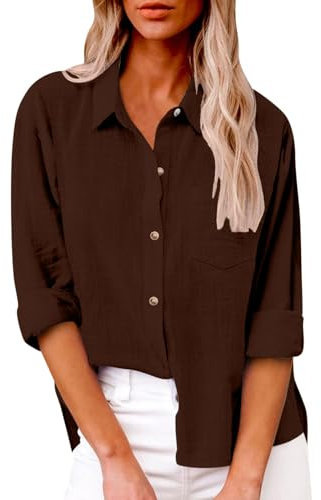 Damen Leinen Hemd Elegant mit Knopfleiste Tasche Sommer Oversized Kurzarm Blusen Langärmeliges Shirt Oberteile Reverskragen Elegant Shirts Bluse Oberteile Einfarbig Basic Unterhemd Top