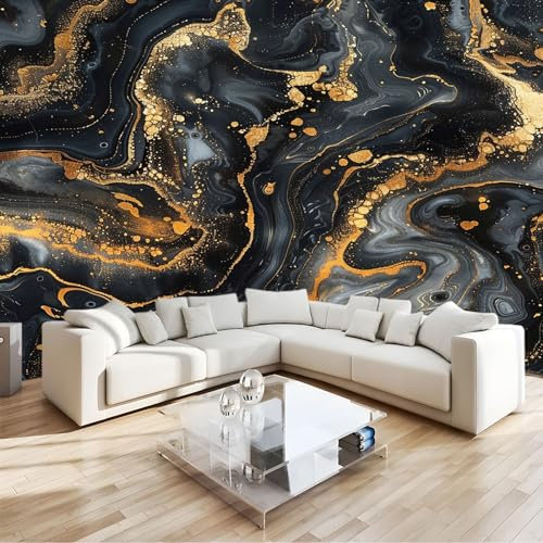 Papier Peint Panoramique Géométrie marbre or noir Papier Peint Intissé Sans Raccord Poster Geant Mural 400 x 280 cm pour Salon Chambre d'enfants restaurant Décoration Murale