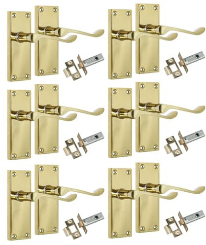 Brass Plated Scroll Door Handle Set - Victorian Style Internal & External Lever Door Handles with Backplate 118mm x 42mm Sets (6 Pair of Handles + Tubular Latch)
