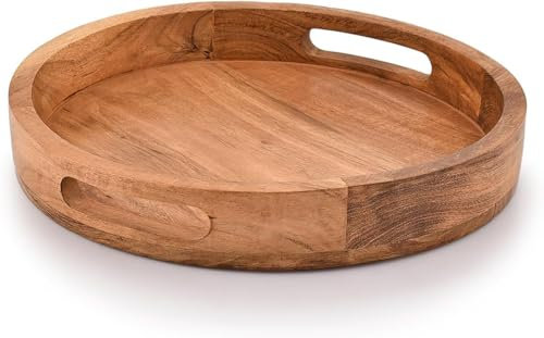 Spiritual Gifts Round Acacia Wood Serving Tray With Handles 30.48cm X 30.48cm X 4.06cm For Breakfast, Tea, Coffee, Dessert Rustic Kitchen Platter & Decorative Home Use