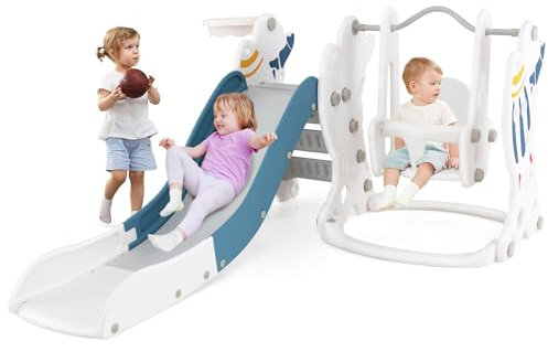 COSTWAY 4 in 1 Set di Scivolo e Altalena per Bambini, Parco Giochi con Scivolo Altalena Canestro da Basket e Arrampicata, Pallone da Basket e Pompa, 185x150x92 cm, 18 Mesi+ (Blu)