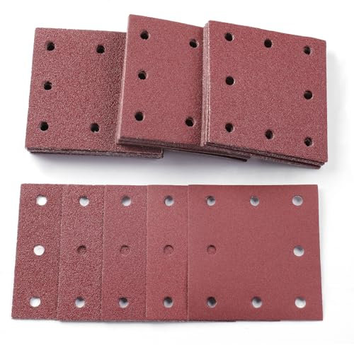 Sruhrak 50 Pezzi Carta Abrasiva Kit, 110x115mm Carta Levigatrice 40/60/80/120/240 Grana 8 Fori Carta Vetrata Rettangolari per Levigatrice Orbitali Casuali