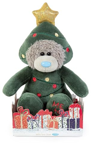 Me To You Tatty Teddy Plush Bear Dressed As Christmas Tree 13cm-High Bear On Gift Plinth - Official Christmas Plush Collection