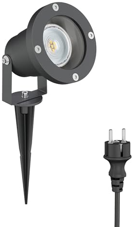 ledscom.de LED Gartenstrahler DUK anthrazit mit Erdspieß für außen, IP65, inkl. GU10 LED Reflektor (warmweiß, 5,4W, 510lm, 45°)