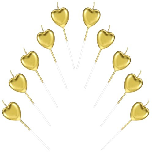 Oruola 10pcs Heart Candle Decorations for Birthday Cakes,Heart Shaped Gold Birthday Candles,Metallic Cake Toppers for Wedding Party Decorations,Sparkling Gold Candles for Cakes